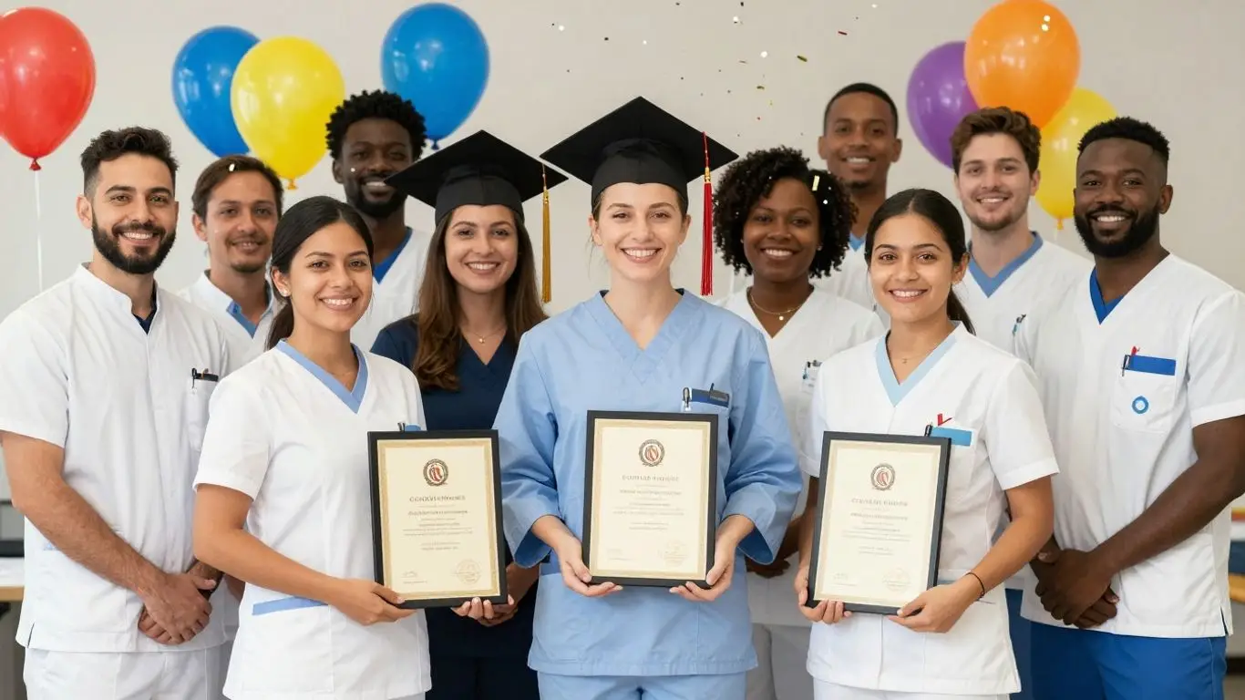 CNAs celebrating graduation with certificates and smiles.