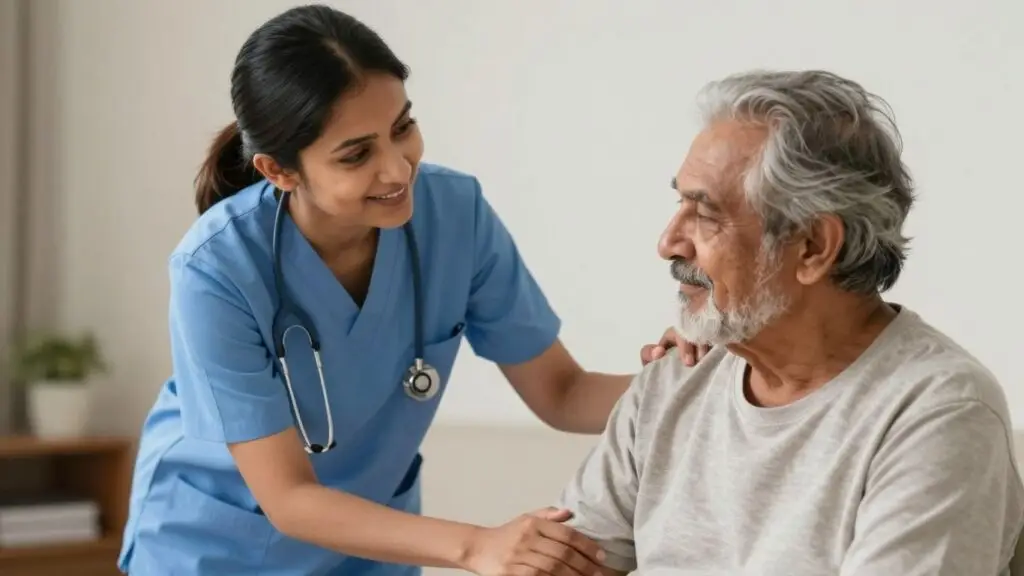 Lead CNA assisting an elderly patient with care.