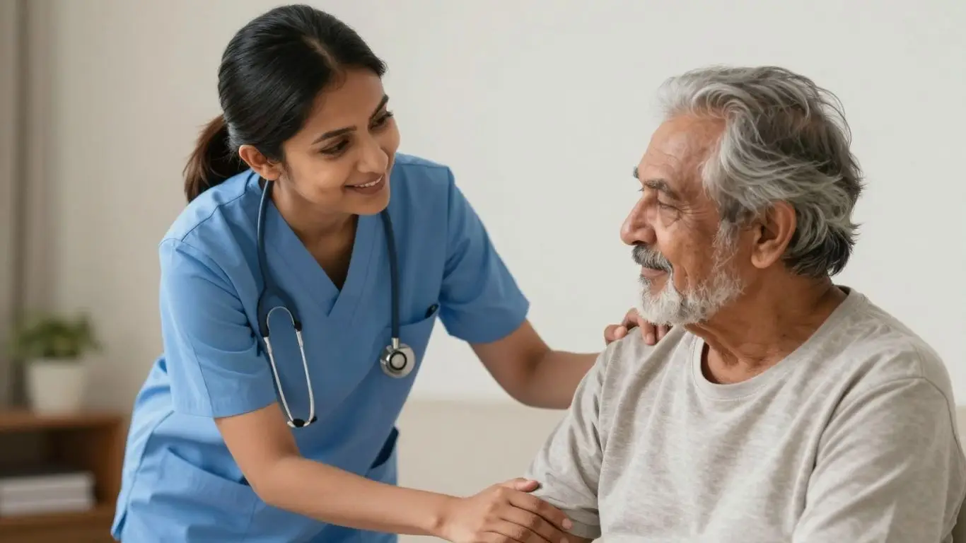 Lead CNA assisting an elderly patient with care.