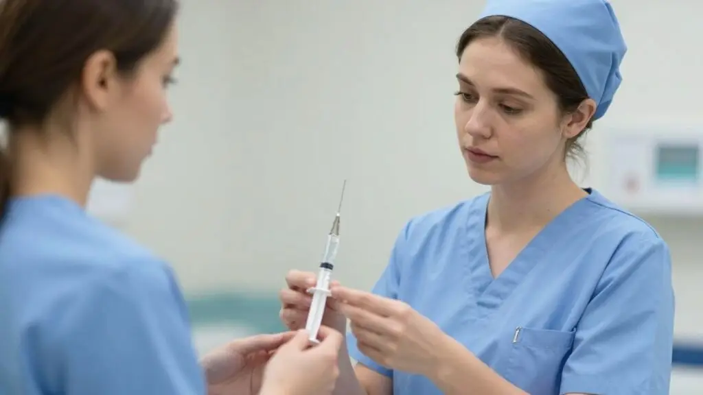 Nurses practicing delegation skills in a medical setting.