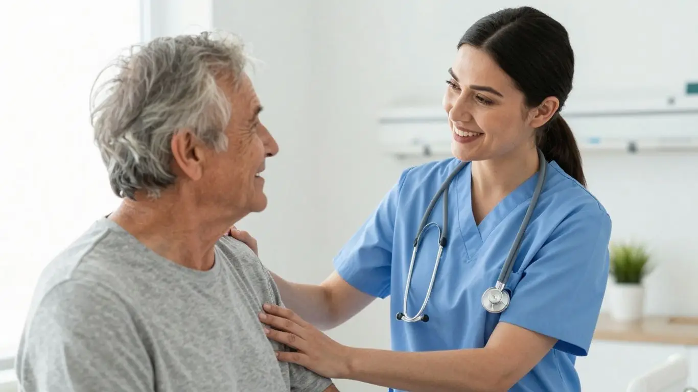 CNA helping an elderly patient in a healthcare setting.
