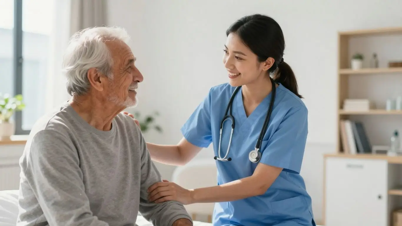 Nursing assistant helping an elderly patient in a bright room.