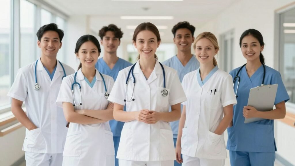 Nursing students in a modern hospital hallway