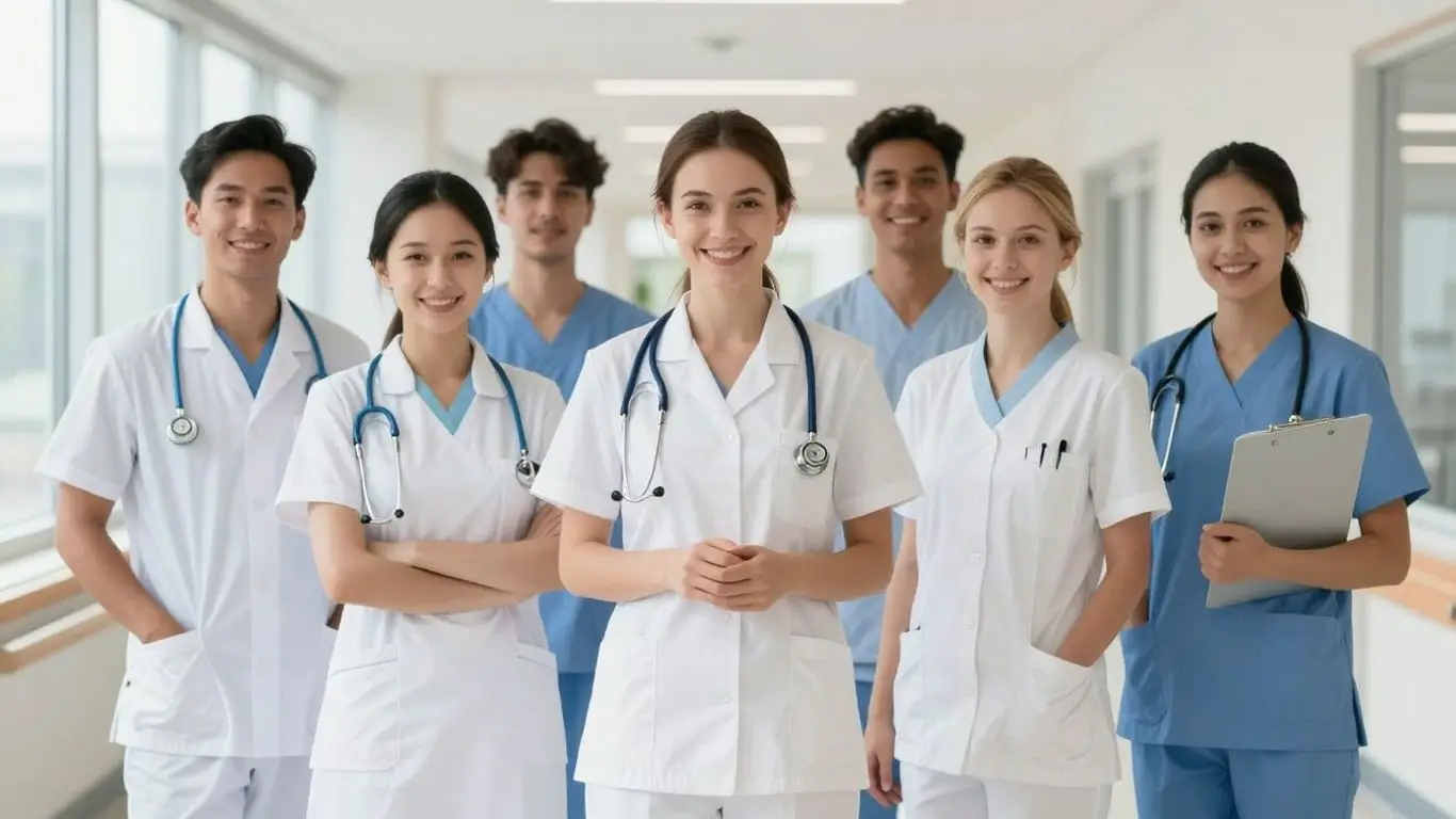 Nursing students in a modern hospital hallway
