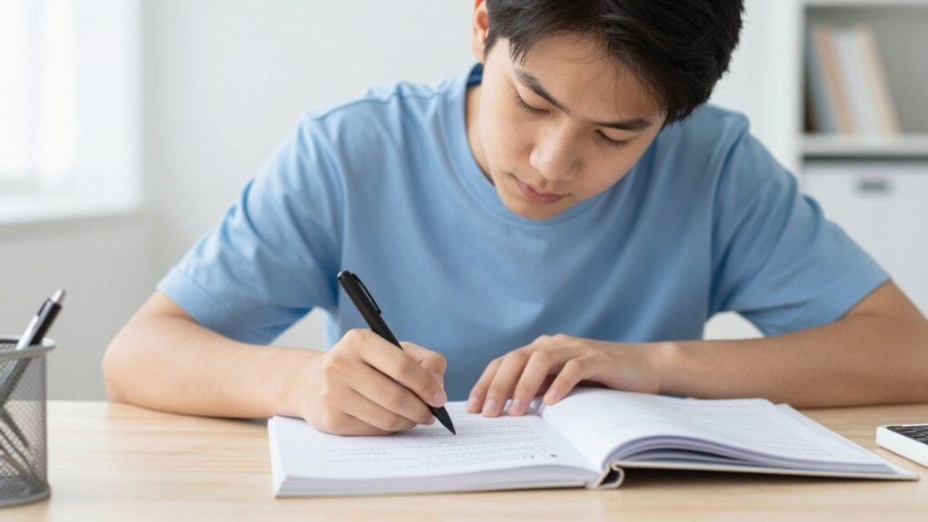 Student studying for CNA exam with notes.