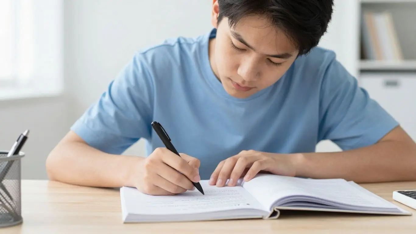 Student studying for CNA exam with notes.