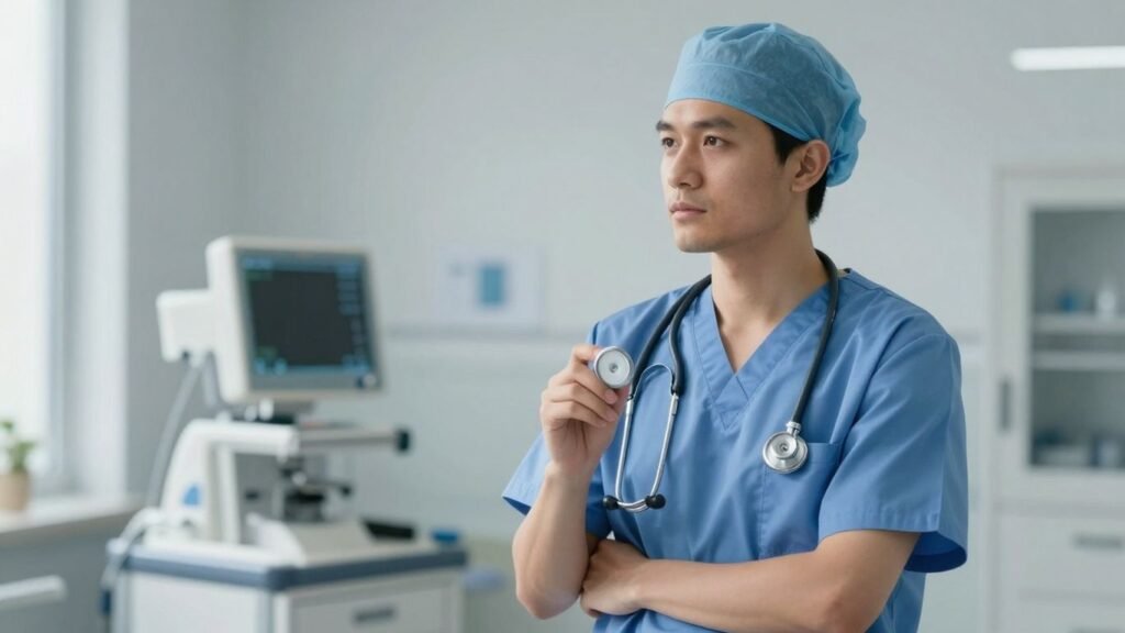 Healthcare professional with stethoscope ready for HCA skills test.