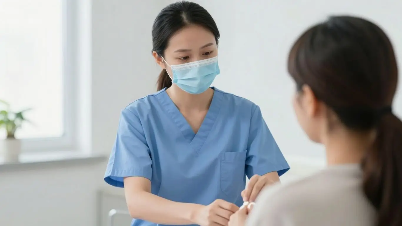 CNA performing a medical skill in a clinical setting.