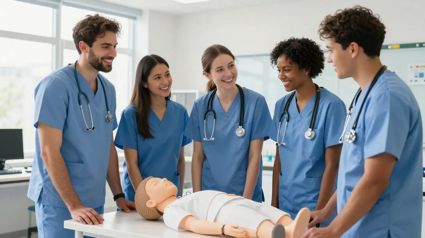 Students in CNA class smiling with training dummy.