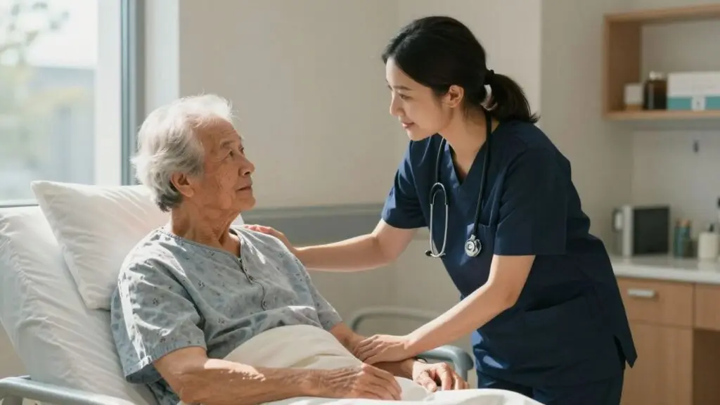 Nursing assistant caring for patient in Ohio hospital.