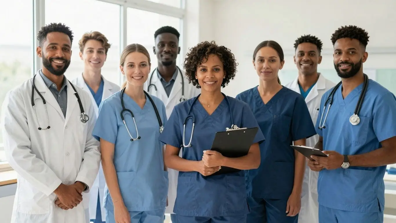 Nurses in scrubs and lab coats smiling together.