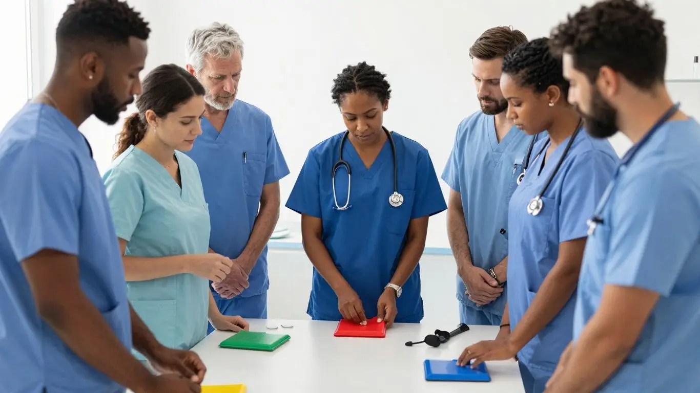 Healthcare workers practicing skills at a training table