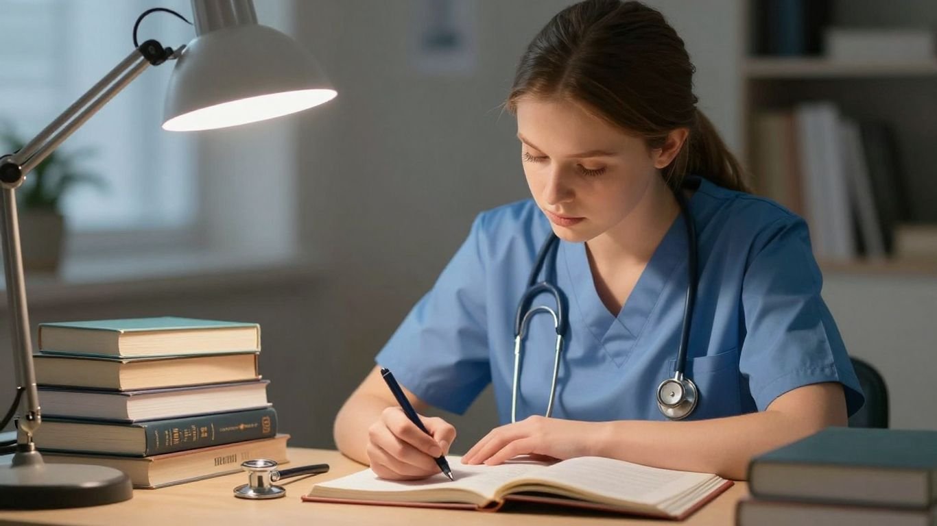 Nursing student studying for entrance exam