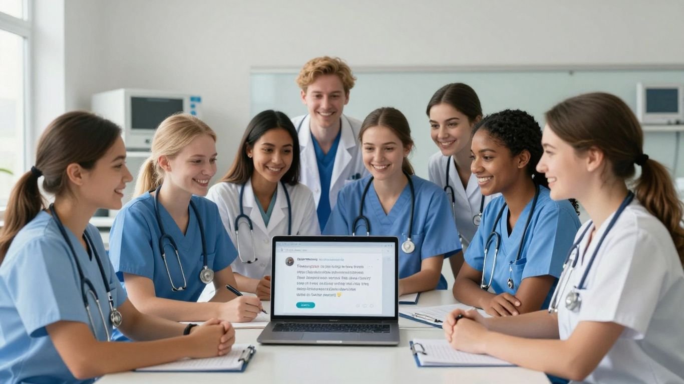 Students happy with CNA reviews on a laptop.