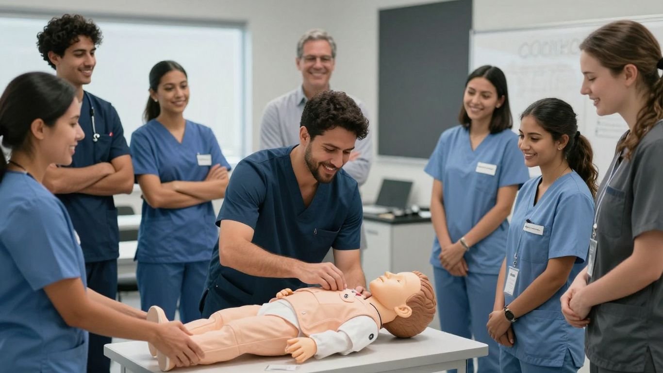 CNA students training in a classroom with medical equipment.