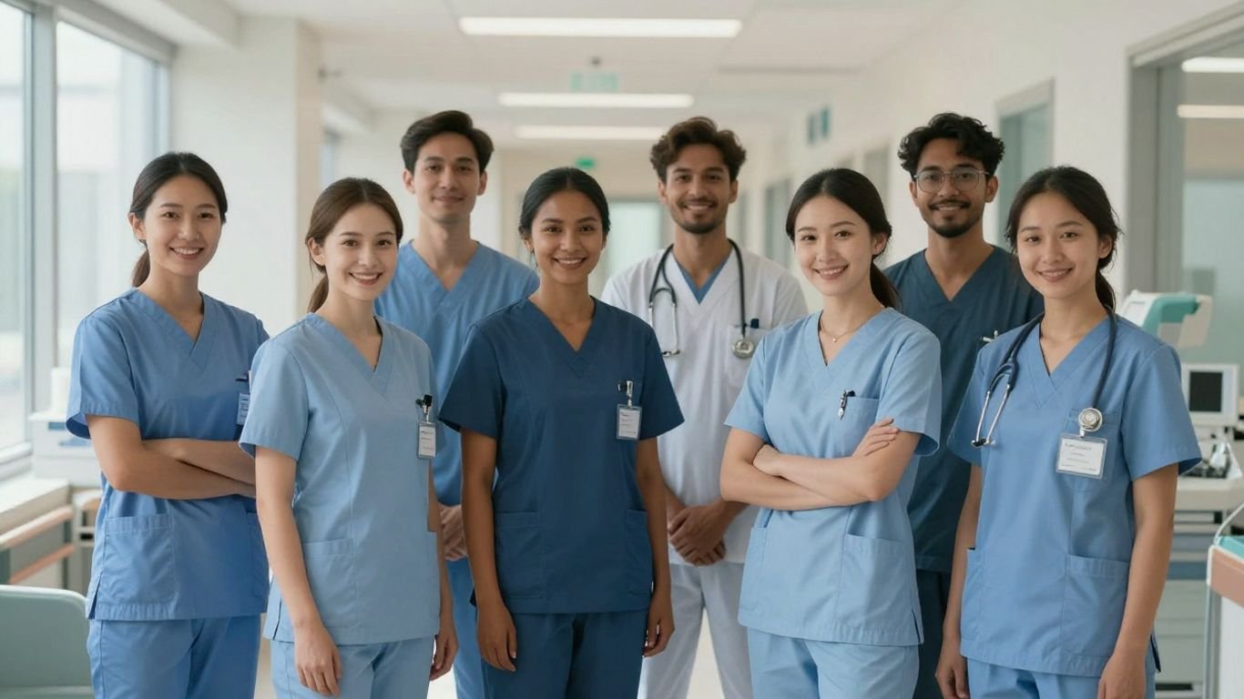 Nursing assistants in a hospital hallway