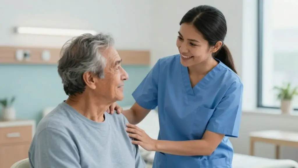 CNA cuidando a un paciente anciano en un centro de atención médica.