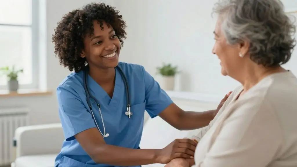 CNA helping an elderly patient in a healthcare setting.
