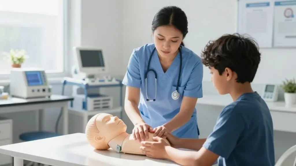 Student practicing medical procedure with nurse guidance in classroom.