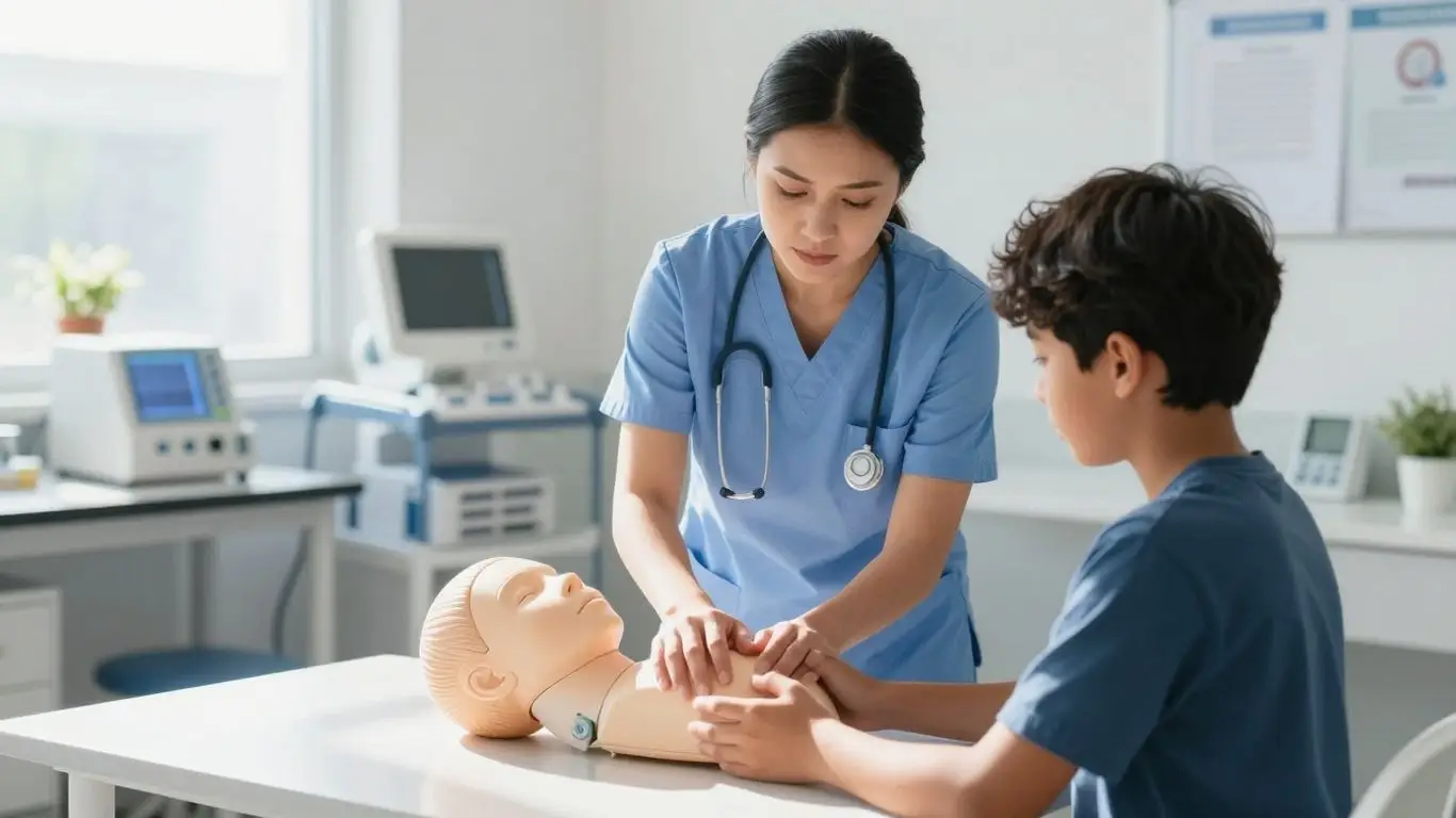 Student practicing medical procedure with nurse guidance in classroom.
