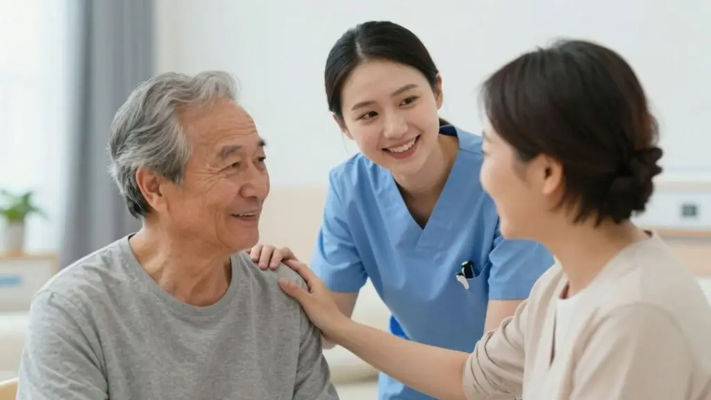 CNA caring for an elderly patient in a healthcare setting.