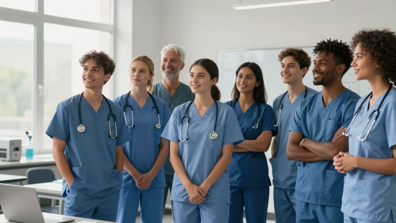 Nurses in training in a bright classroom