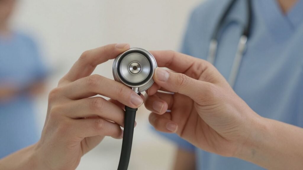 Nurse holding a stethoscope, professional healthcare image.