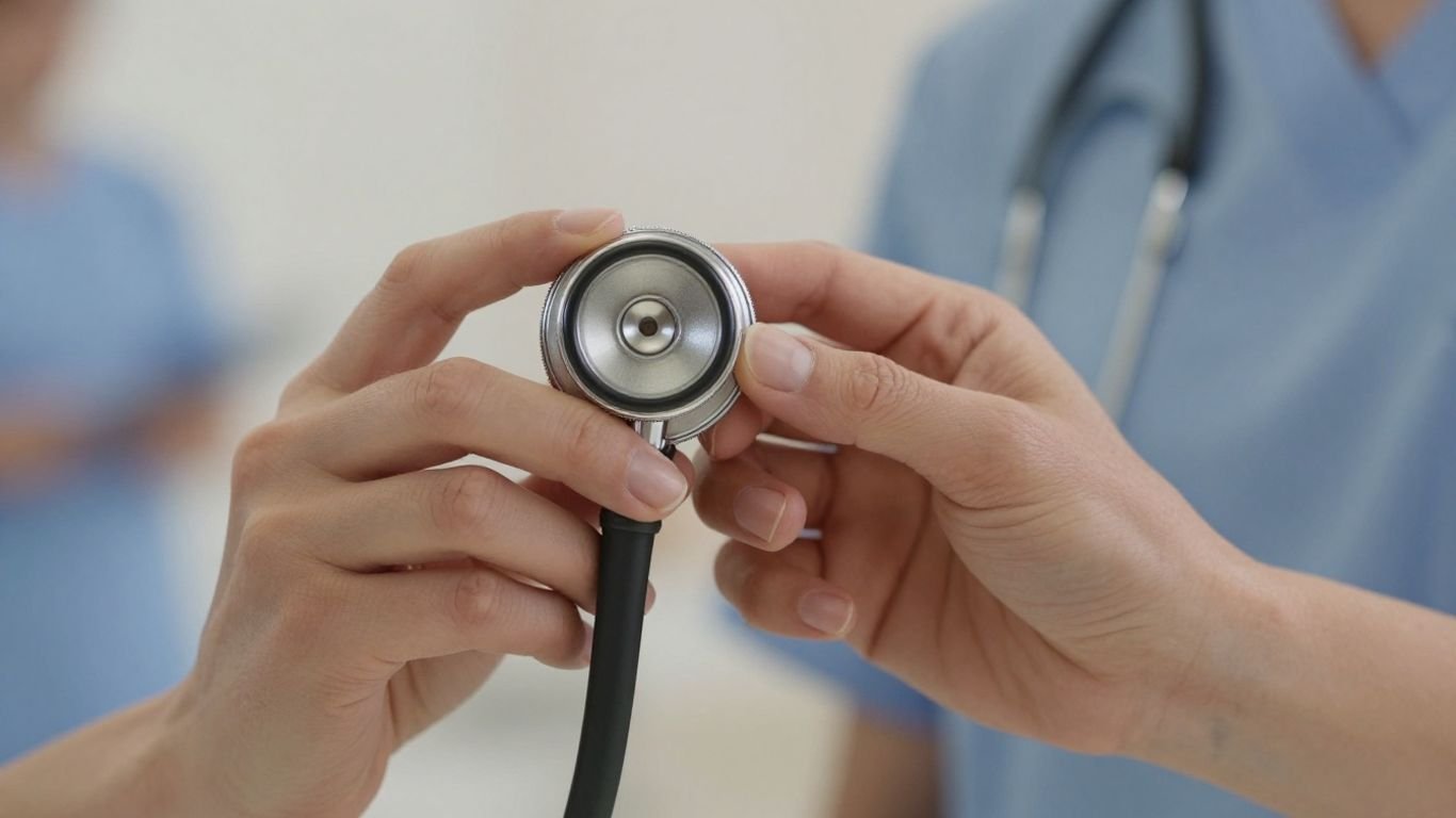 Nurse holding a stethoscope, professional healthcare image.