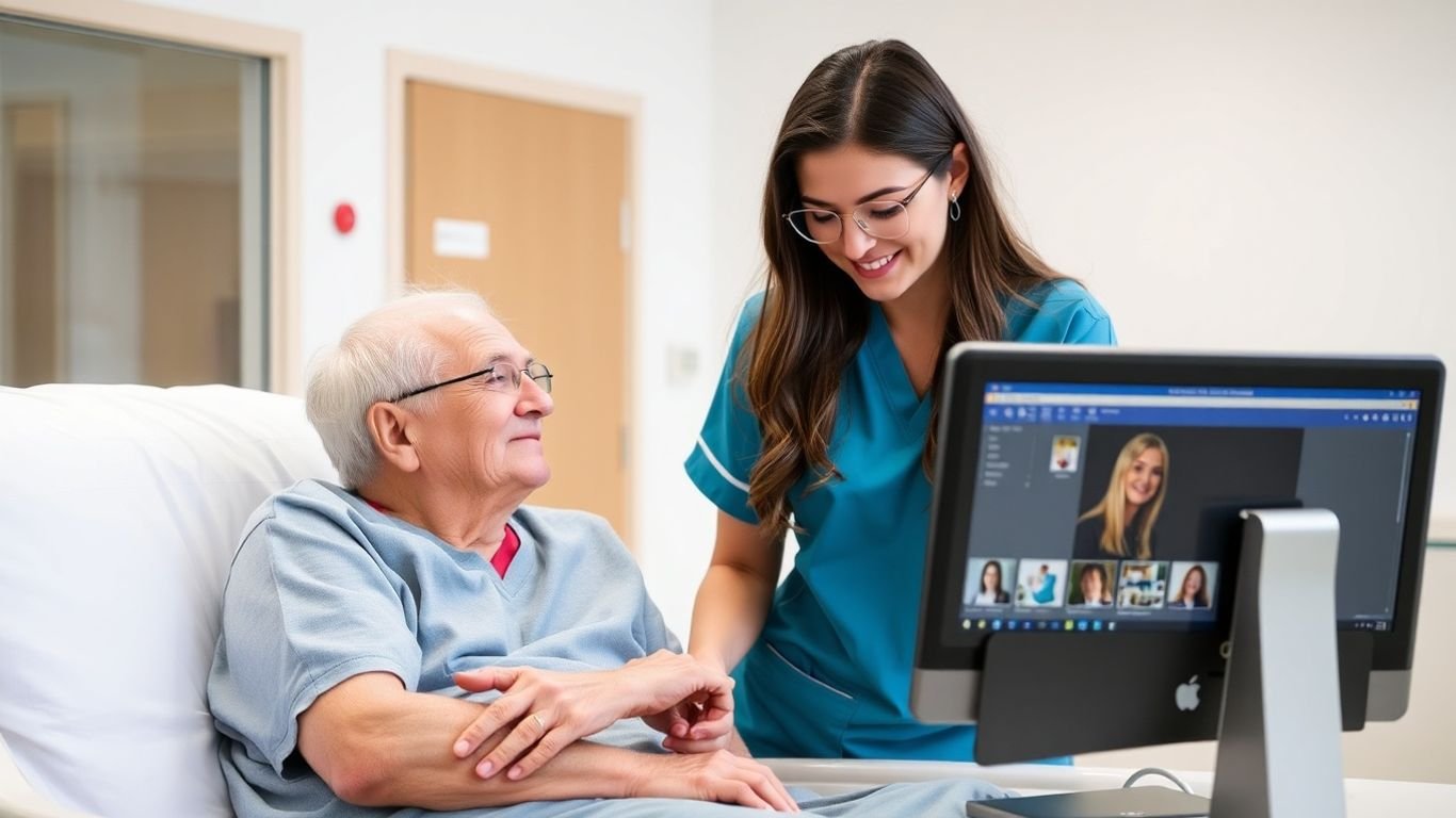 Nursing assistant practicing with patient and online course