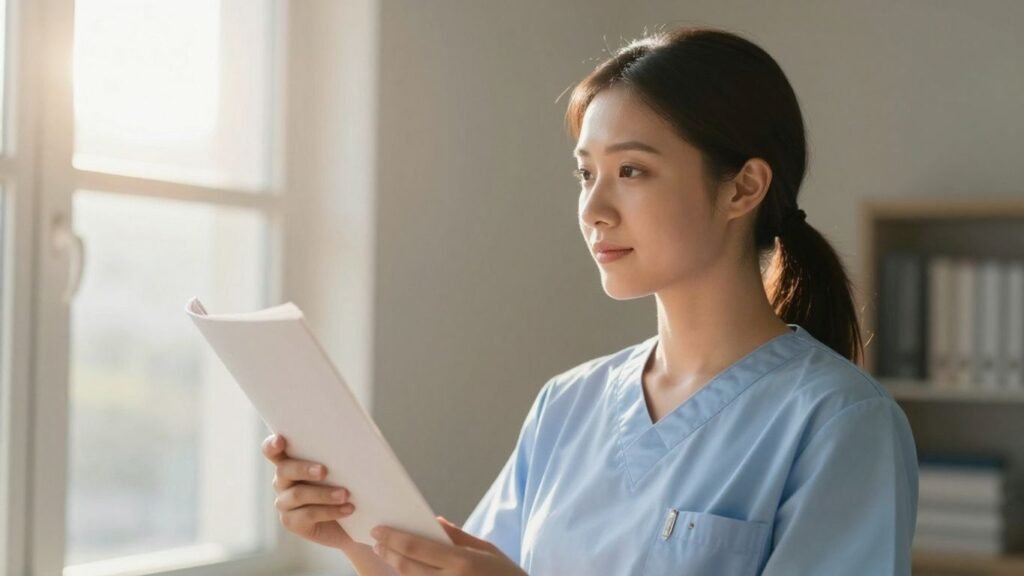 Nurse holding a nursing diploma, looking towards the future.