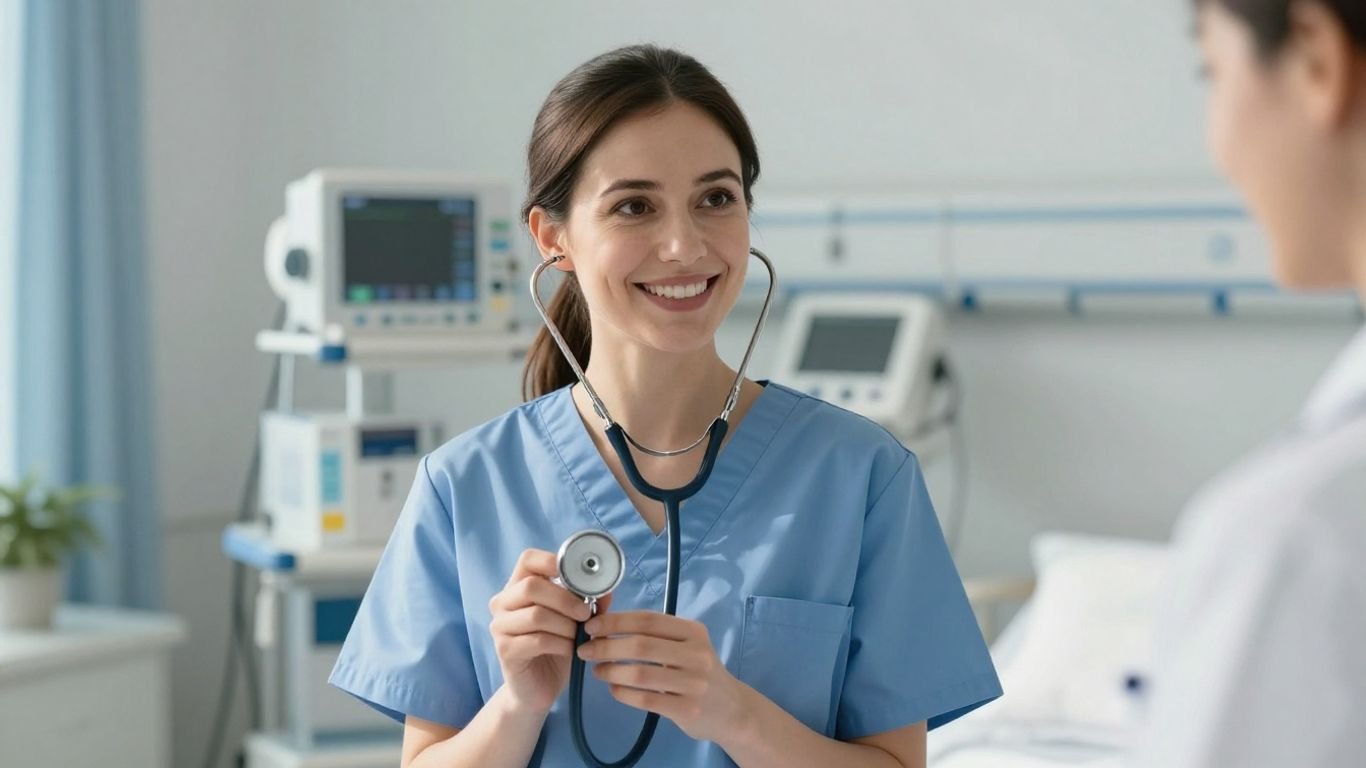 CNA smiling, holding stethoscope in hospital room.