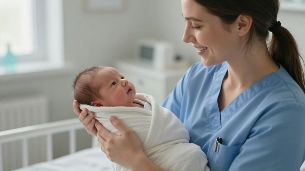 Neonatal nurse holding a newborn baby.
