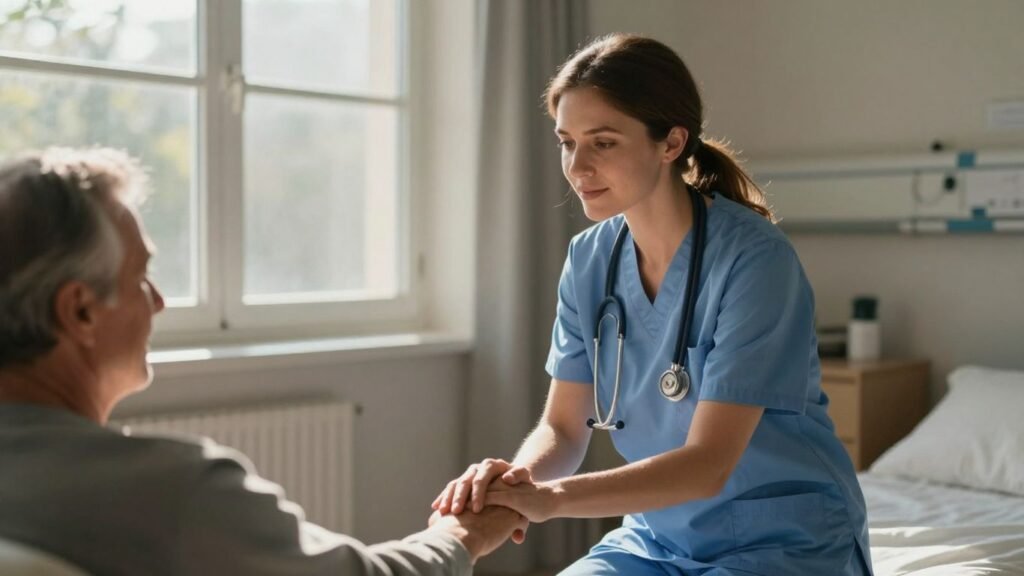 Nurse offering comfort and care to a patient.