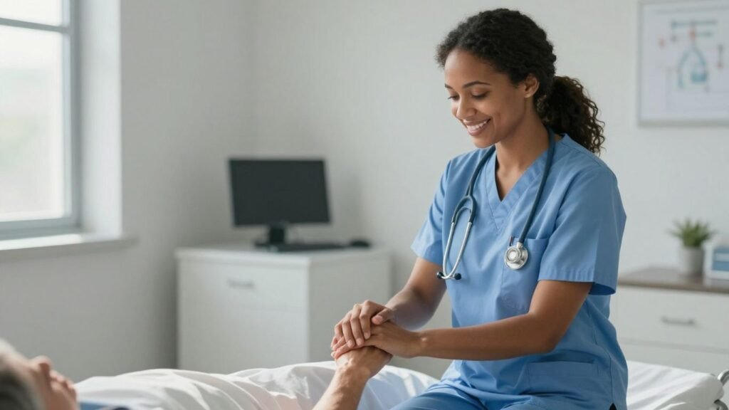 Nurse holding patient's hand, conveying care and professionalism.