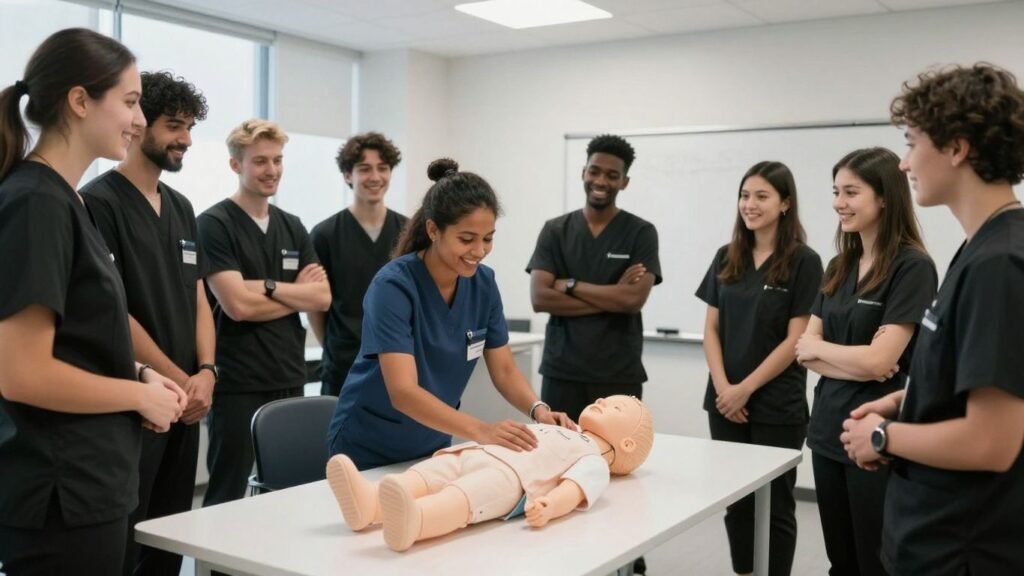 CNA students training in a classroom with medical equipment.