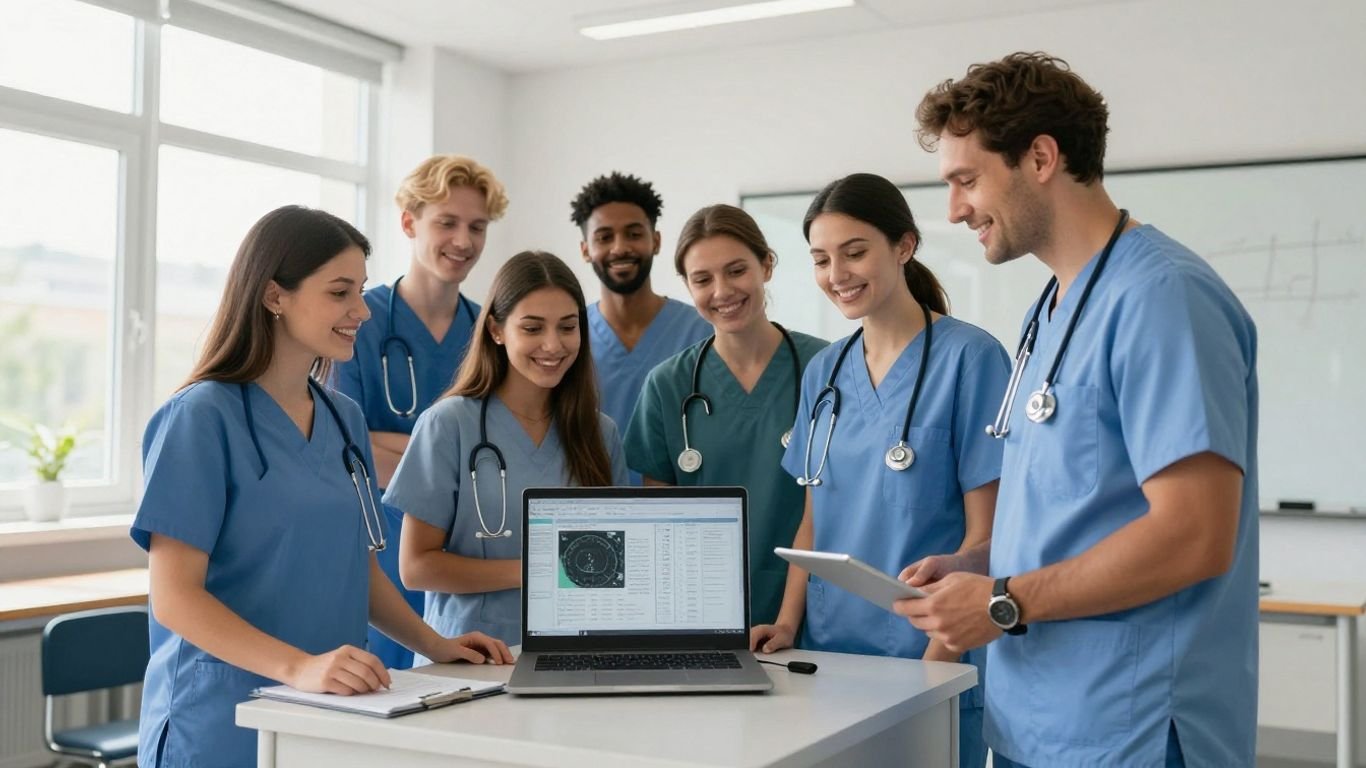 Nursing assistant students learning online with instructor.