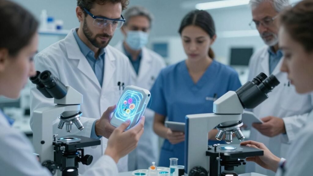 Medical professionals using advanced technology in a lab.
