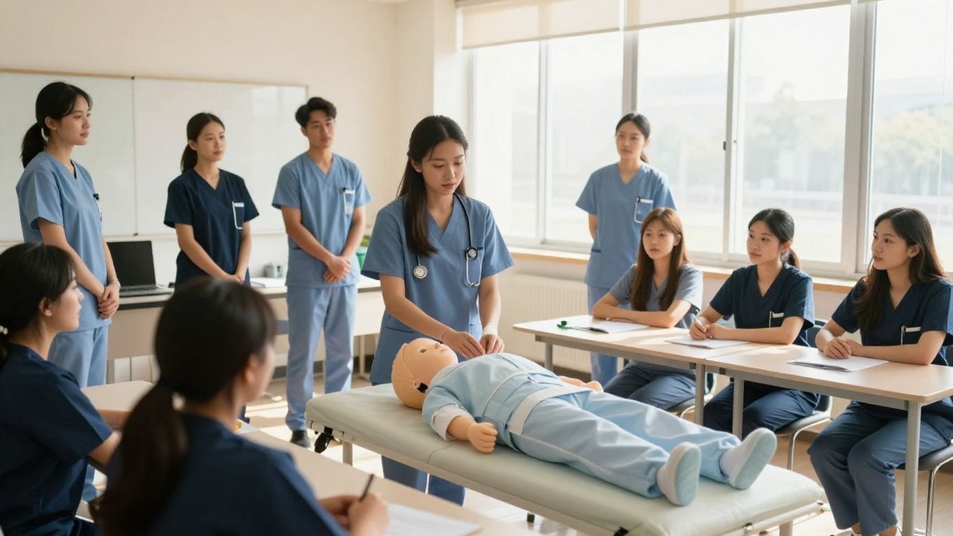 Students learning in a CNA training classroom.