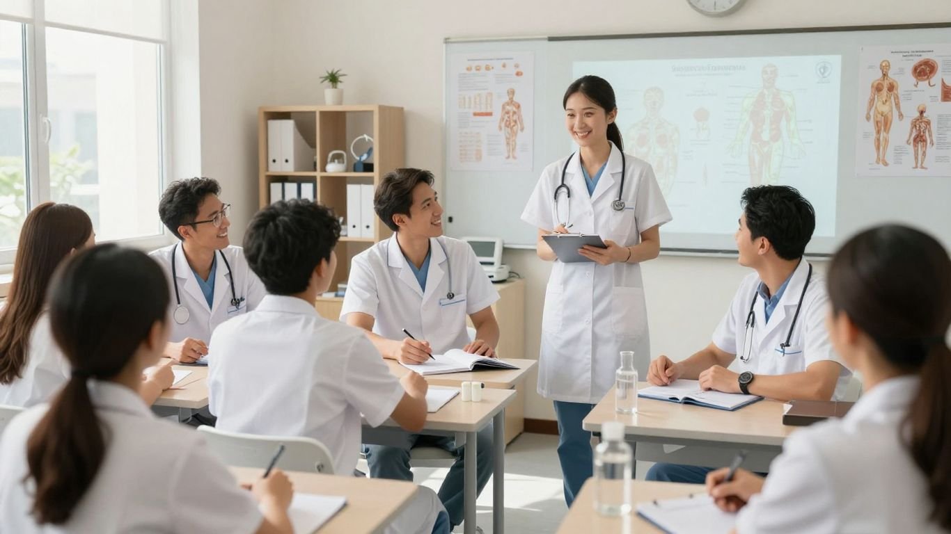 Students learning medication administration in a classroom setting.