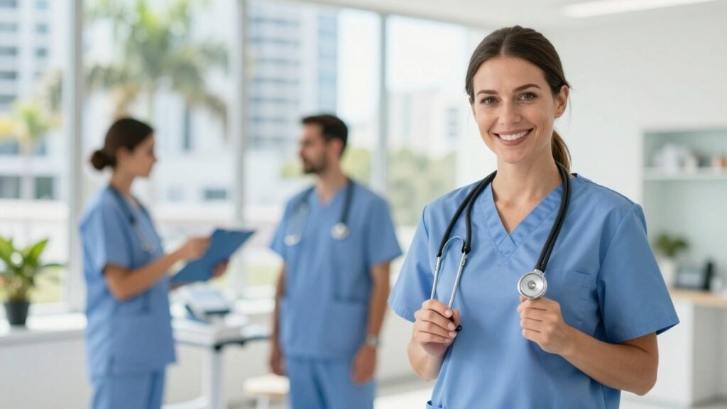 Nursing assistant in Miami with skyline background.