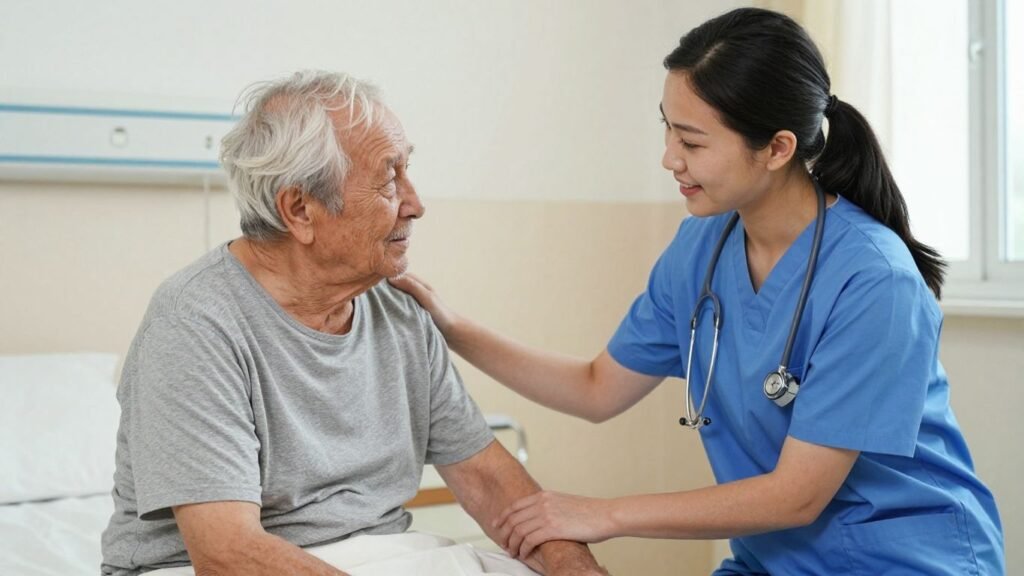 CNA assisting elderly patient with care.