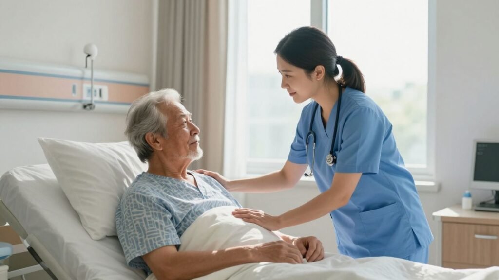 California CNA assisting an elderly patient in a hospital.