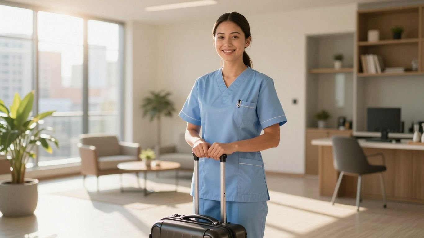 CNA with suitcase outside apartment building, ready for travel contract.