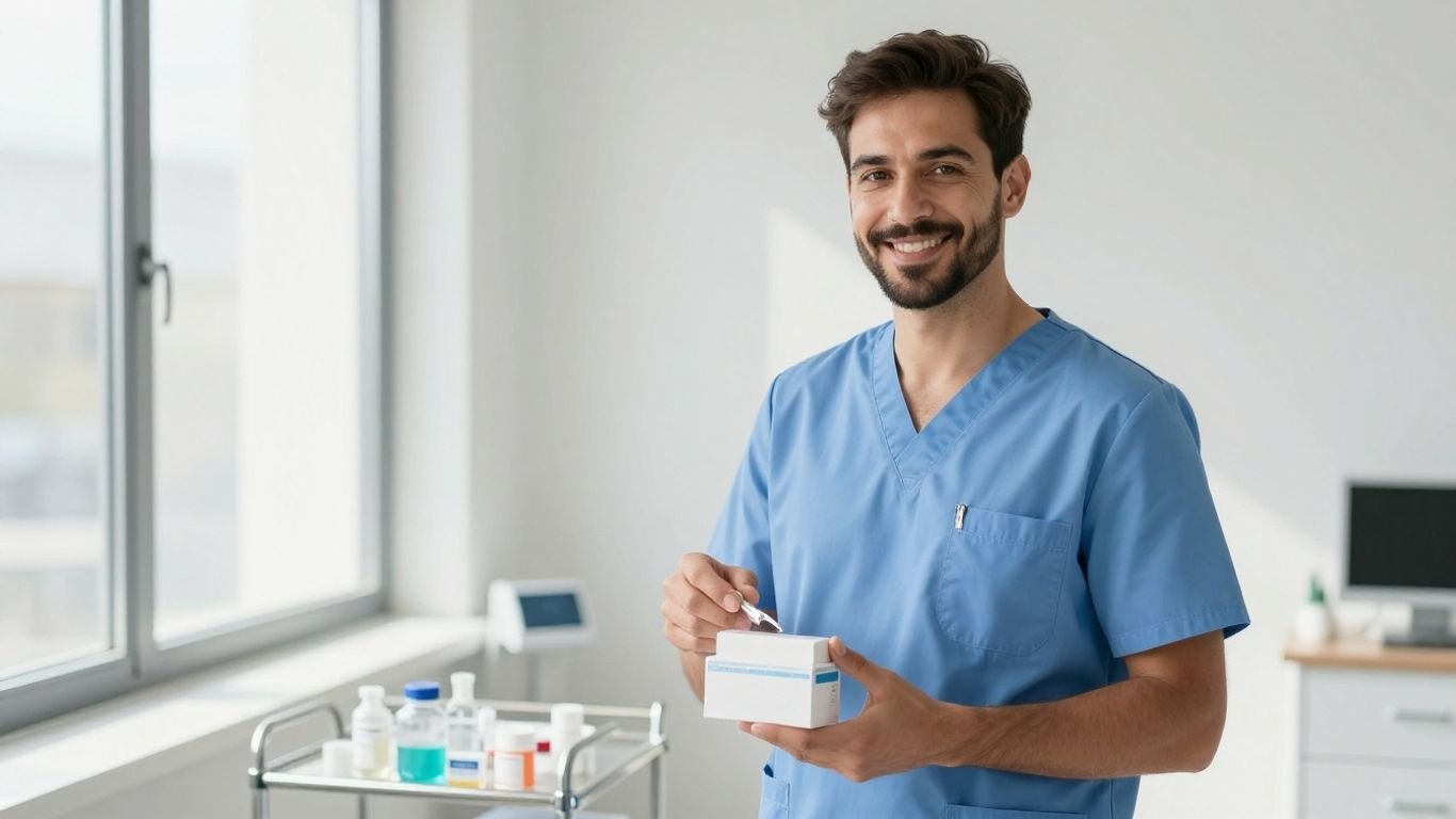 Certified medication technician in scrubs with a medication cart.