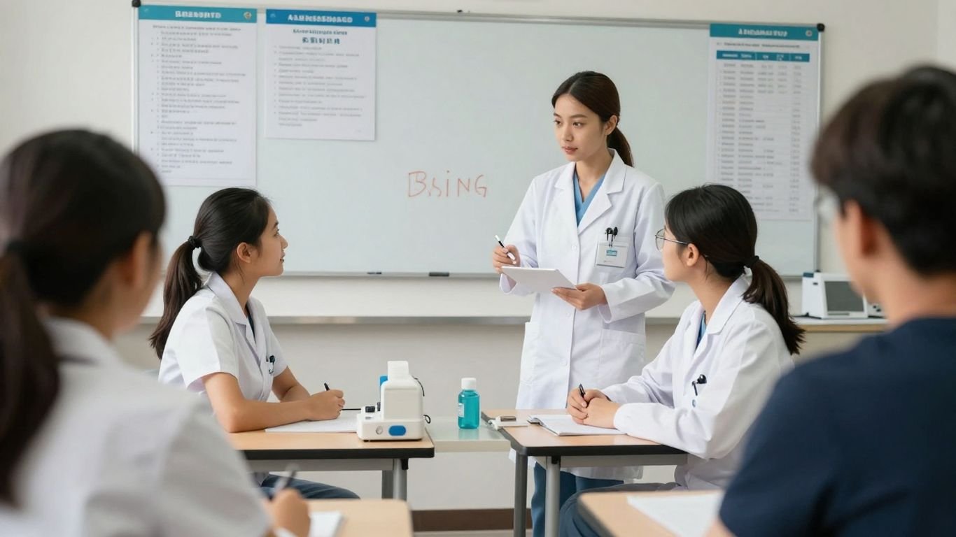 Students learning medication administration in a classroom.
