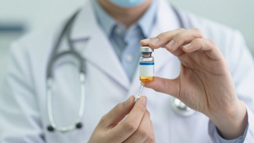 Healthcare professional holding medication bottle.