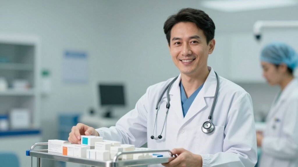 Certified medication technician in scrubs with stethoscope