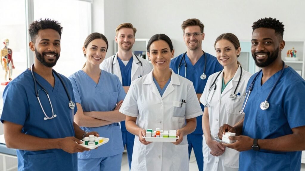 Medical professionals learning medication administration techniques.