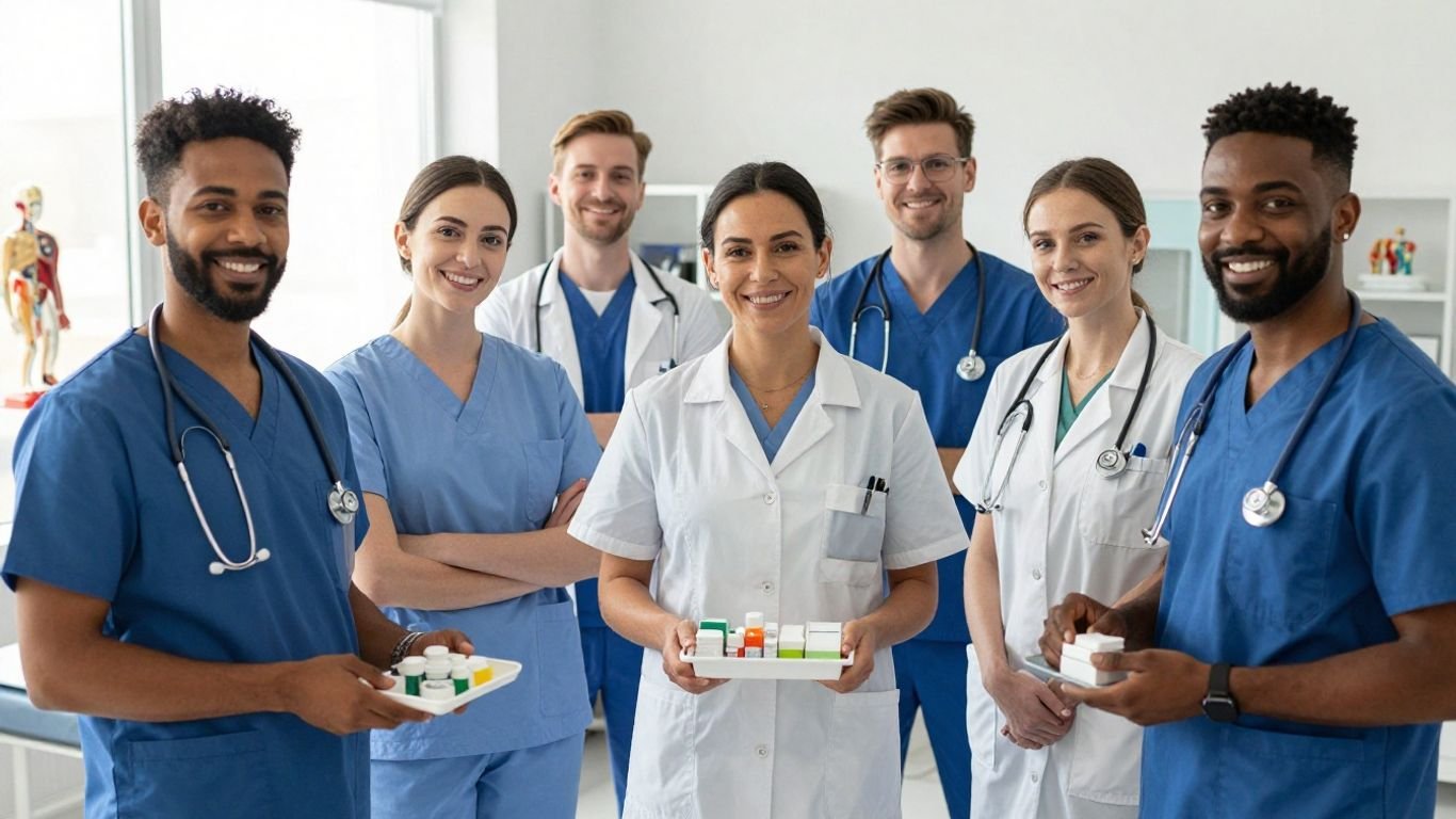 Medical professionals learning medication administration techniques.