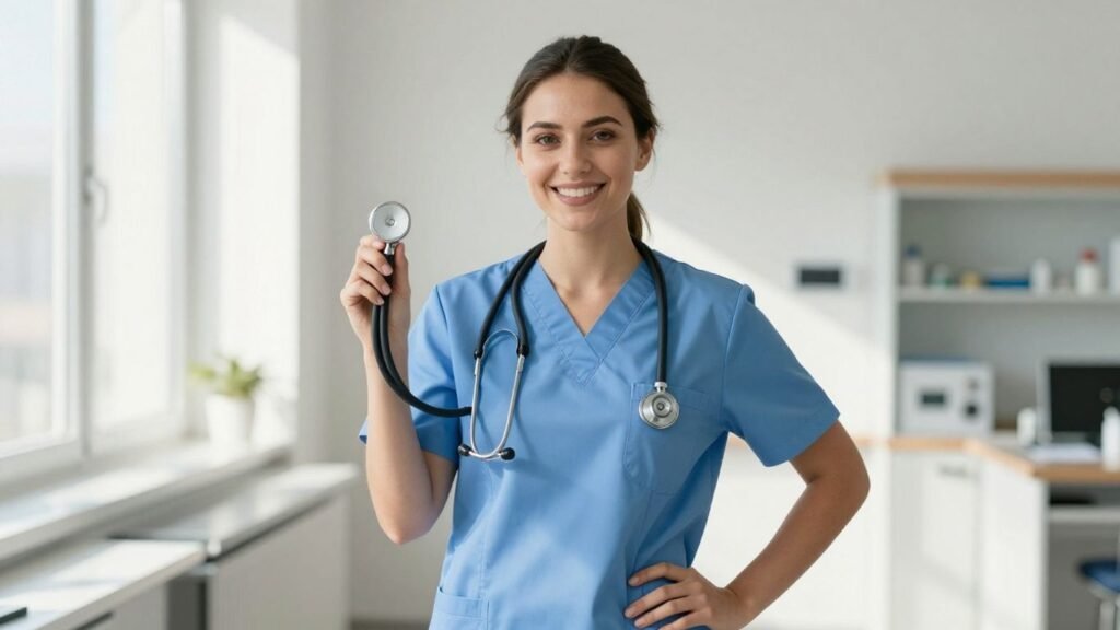 CNA student smiling with stethoscope in a classroom